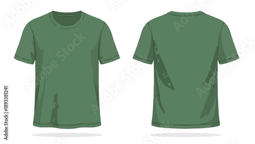 Clean vector mockup of a plain sage green short-sleeve t-shirt, displaying front and back perspectives, ideal for custom branding, textile printing,