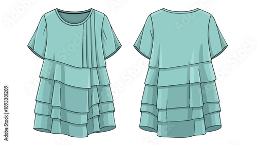 Fashion flat technical drawing of a short-sleeved tiered tunic dress in a gentle aquamarine hue with front pleating, ideal for pattern design