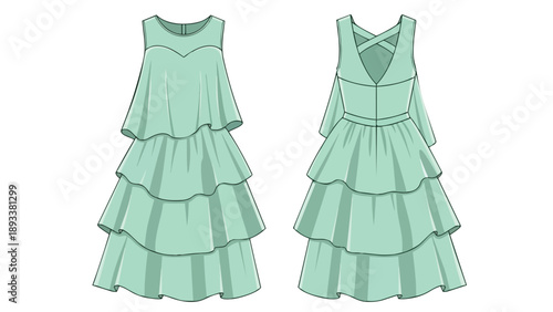Stylish mint green tiered dress featuring a flowing ruffled skirt and a unique criss-cross back strap detail, presented clearly in front and back