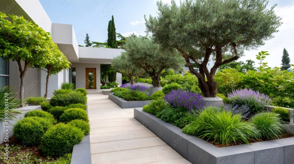 Obraz premium Modern luxury house entrance with olive trees