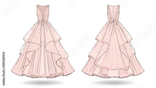 Exquisite pair of illustrated light blush formal gowns featuring elegant tiered ruffled skirts perfect for special occasions and high-end fashion