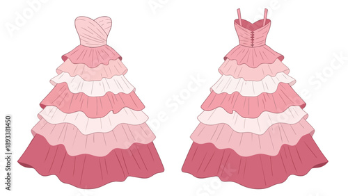 Charming illustration of two whimsical tiered dresses in varying pink hues, showcasing elegant ruffles and distinct bodice designs, ideal for