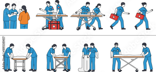 Medical emergency staff and paramedics with stretcher action scenes vector illustration set