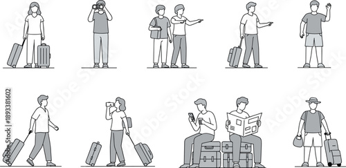 Travelers and tourists with luggage line style vector illustration set for journey concepts