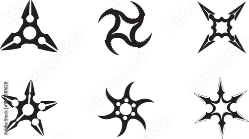 Six Black and White Sketched Star Shuriken Symbols on White Background