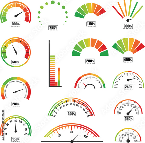 Colorful speedometer and gauge meter dashboard indicators vector set for analytics and performance monitoring