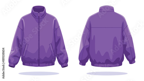 Stylized purple sports jacket illustration featuring front and back views ideal for fashion design resources a vivid outerwear vector graphic an