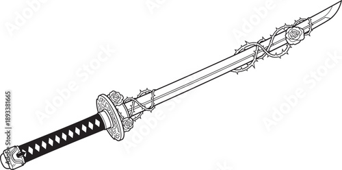 Sketched of a Sword with Thorns and Roses on the Blade sketched sword handle