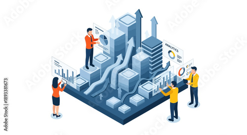 Business professionals analyzing data and growth in a 3d cityscape with graphs and charts
