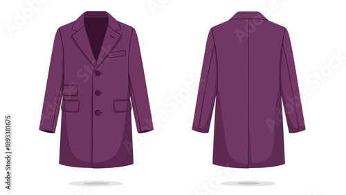 Sophisticated purple overcoat design showcasing front and back views with classic lapels and detailed pockets fashion illustration