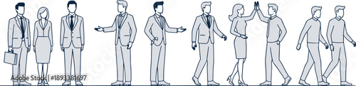 Business people walking and interacting line style vector illustration set for corporate communication