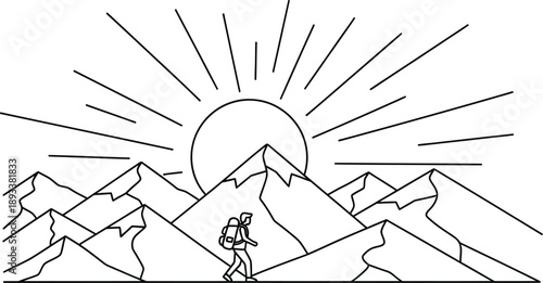 Minimalist line art drawing depicts a lone hiker with a large backpack trekking across rugged terrain beneath a bright rising sun over mountain peaks