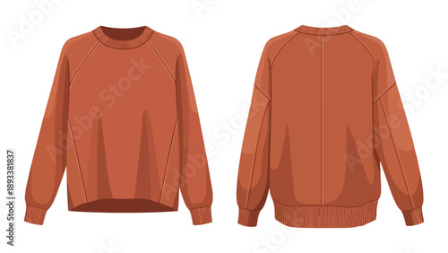 Illustrated view of a cozy rust-colored long-sleeve knitted garment, showcasing both its relaxed front profile and its detailed back silhouette,