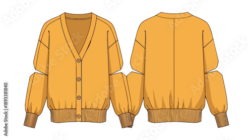 Flat sketch of a trendy mustard yellow cardigan with stylish cut-out sleeves and classic button front