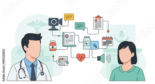 Doctor and patient in telemedicine consultation with online medical information exchange