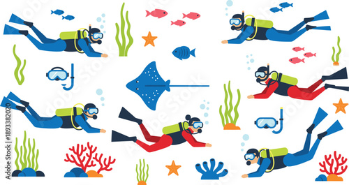 Scuba diving underwater activity vector illustration set with divers, fish, corals and sea elements