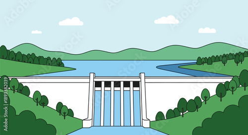 Simple illustration depicting a large hydroelectric dam releasing water through multiple spillways into a river surrounded by green rolling hills and blue sky.