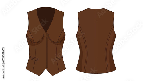 Sophisticated brown ladies' tailored vest front and back technical illustration, ideal for fashion design and apparel pattern creation brown elegant