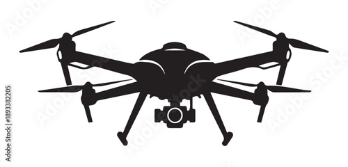 A black drone with visible propellers and camera depicted as a silhouette