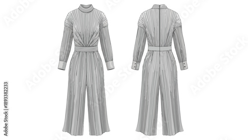 A detailed fashion technical flat sketch showcasing a sophisticated women's pleated wide-leg jumpsuit with a high neck and belted waist for modern
