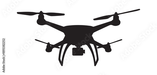 A black silhouette of a modern quadcopter drone in flight silhouette