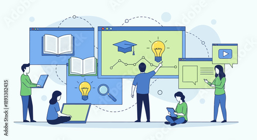 People learning together with laptops and educational icons on screens around them in classroom setting