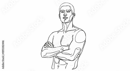 Muscular Man Standing Confidently with Arms Crossed Line Art.