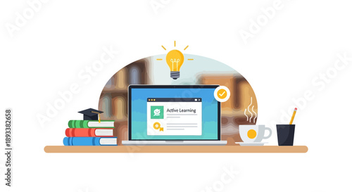 E learning platform on laptop with books coffee and lightbulb on desk in classroom