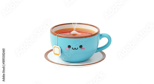 Cute Kawaii Blue Teacup with Face and Tea Bag
