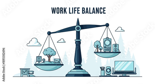 Work life balance concept with scale tree and office supplies on each side