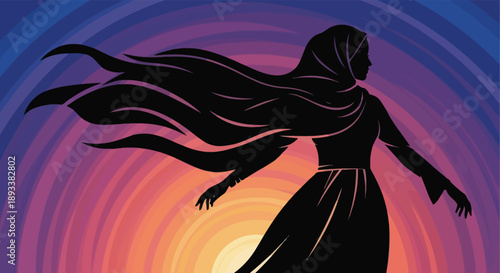 Silhouette of woman in hijab with flowing scarf against sunset sky