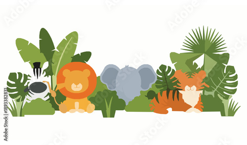 Cartoon Jungle Animals Banner with Tropical Plants Cute Wild Mammals Vector