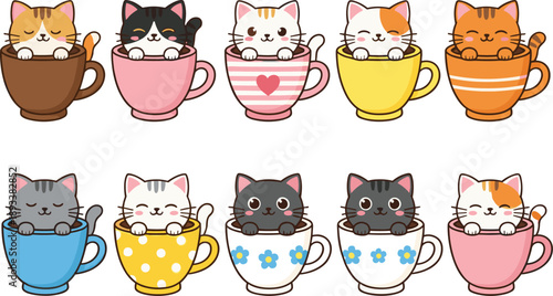 Cute cat characters sitting in colorful coffee cups cartoon vector illustration set