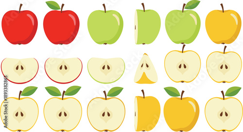 Red green and yellow apple collection with whole and sliced fresh fruit vector illustration
