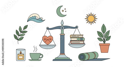 Balance of life and learning with heart and books on a scale