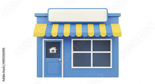 Blue Storefront with Yellow and Blue Awning and House Icon