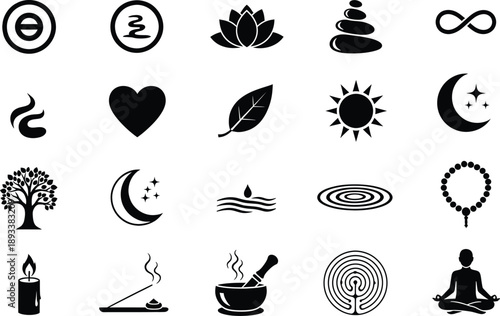 A collection of spiritual and nature-based icons for meditation and wellness concepts