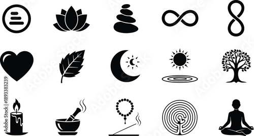 Black and white icons representing spirituality, meditation, yoga, and wellness concepts