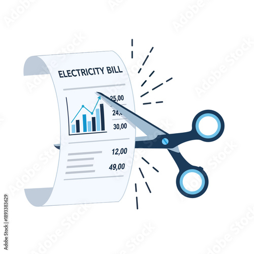Dynamic illustration of scissors cutting an electricity bill with bar graph, showcasing savings from bill reduction, viewed from a clean white backdrop