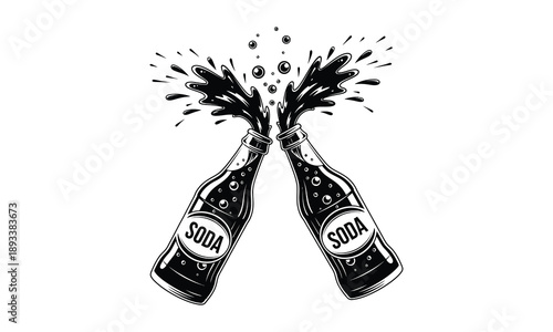 Two soda bottles toasting with splashing liquid and bubbles