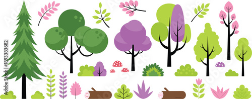 Cute forest nature elements collection with trees, plants, bushes and woodland decorations cartoon vector illustration