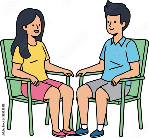 Illustration of a man and woman sitting in chairs, engaging in conversation, facing each other, in a simple graphic style.