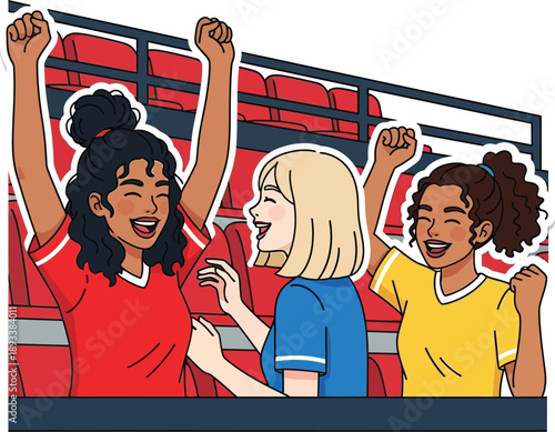 Three women celebrating together in a sports stadium with raised fists and smiling faces surrounded by red seats