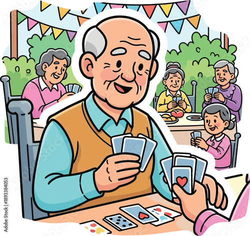 Elderly man playing cards with family in a vibrant outdoor setting