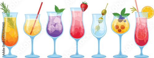 Colorful cocktail drink glass collection with fresh fruits and refreshing summer beverages vector illustration