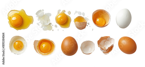 Various stages of cooked eggs, whole and broken