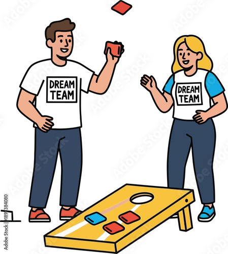 Man and woman playing cornhole game together, tossing beanbags, vector illustration