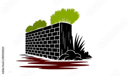 Illustration of a black brick stone wall with green bushes and decorative garden plants for landscaping design projects backyard renovation concepts and outdoor construction branding.