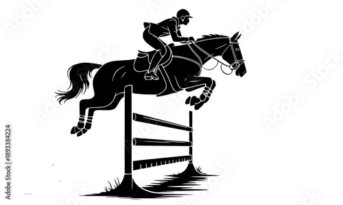 Dynamic black silhouette of a horse and rider performing a show jumping leap over an obstacle fence for equestrian sports branding, tournament posters, and horseback riding club logos.
