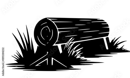 Black silhouette illustration of a cut wooden log resting on a sawhorse stand surrounded by wild grass for woodworking concepts forest timber industry and rustic outdoor camping designs.